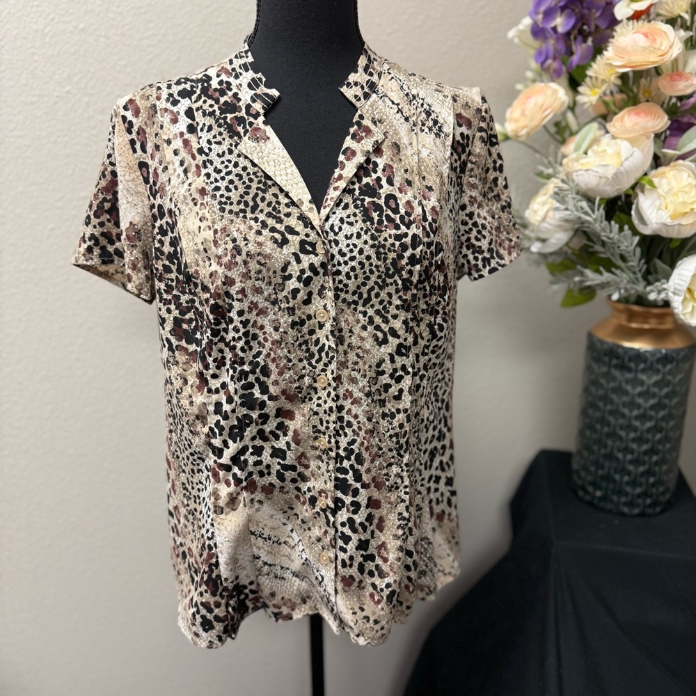 Dana Buchman Animal Print Button Front Blouse Top Medium M Brown Black